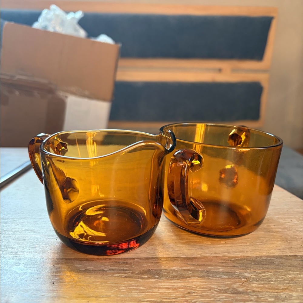 MCM Amber Glass Creamer and Sugar Set